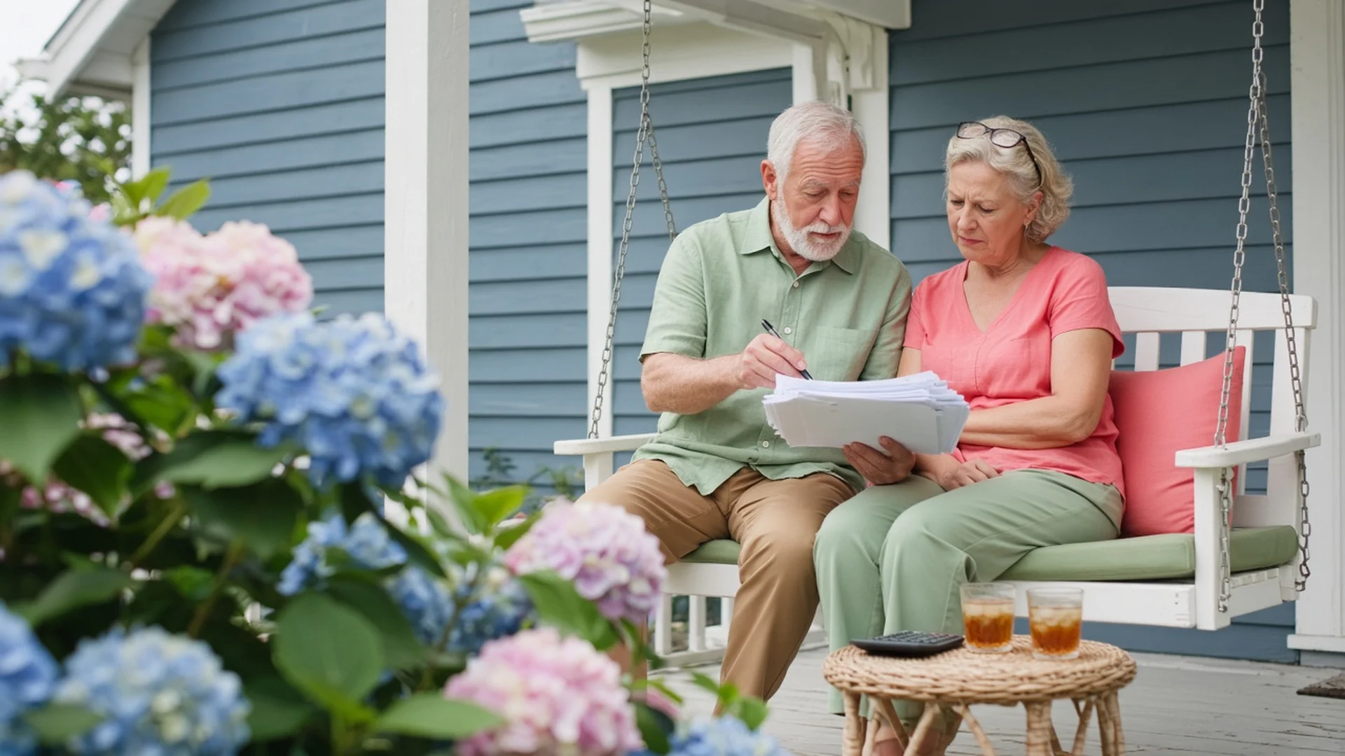 Retired couple on a porch swing reviewing an insurance proposal