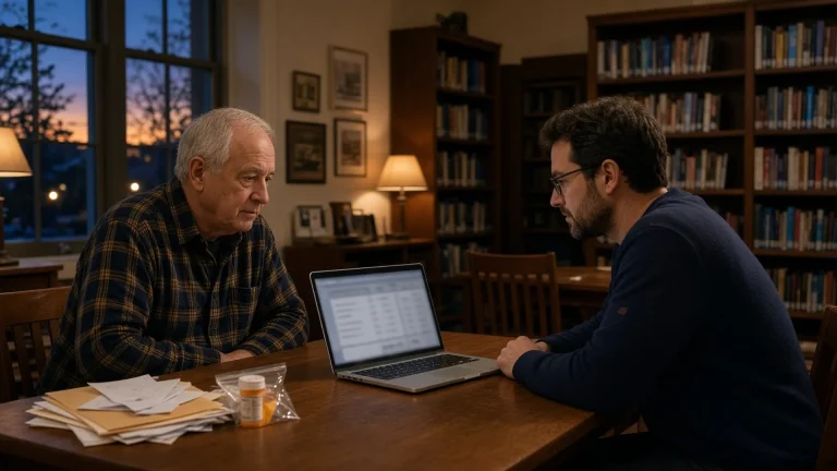 Older man comparing Medicare plans on a laptop with a counselor in a library