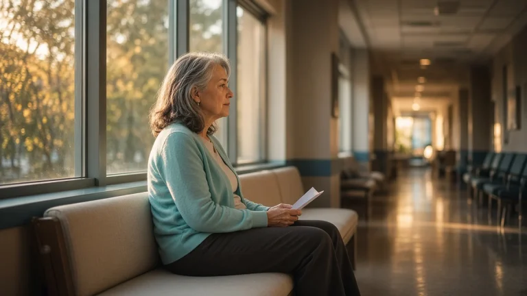 Woman holding a pharmacy receipt in a sunlit hospital waiting area