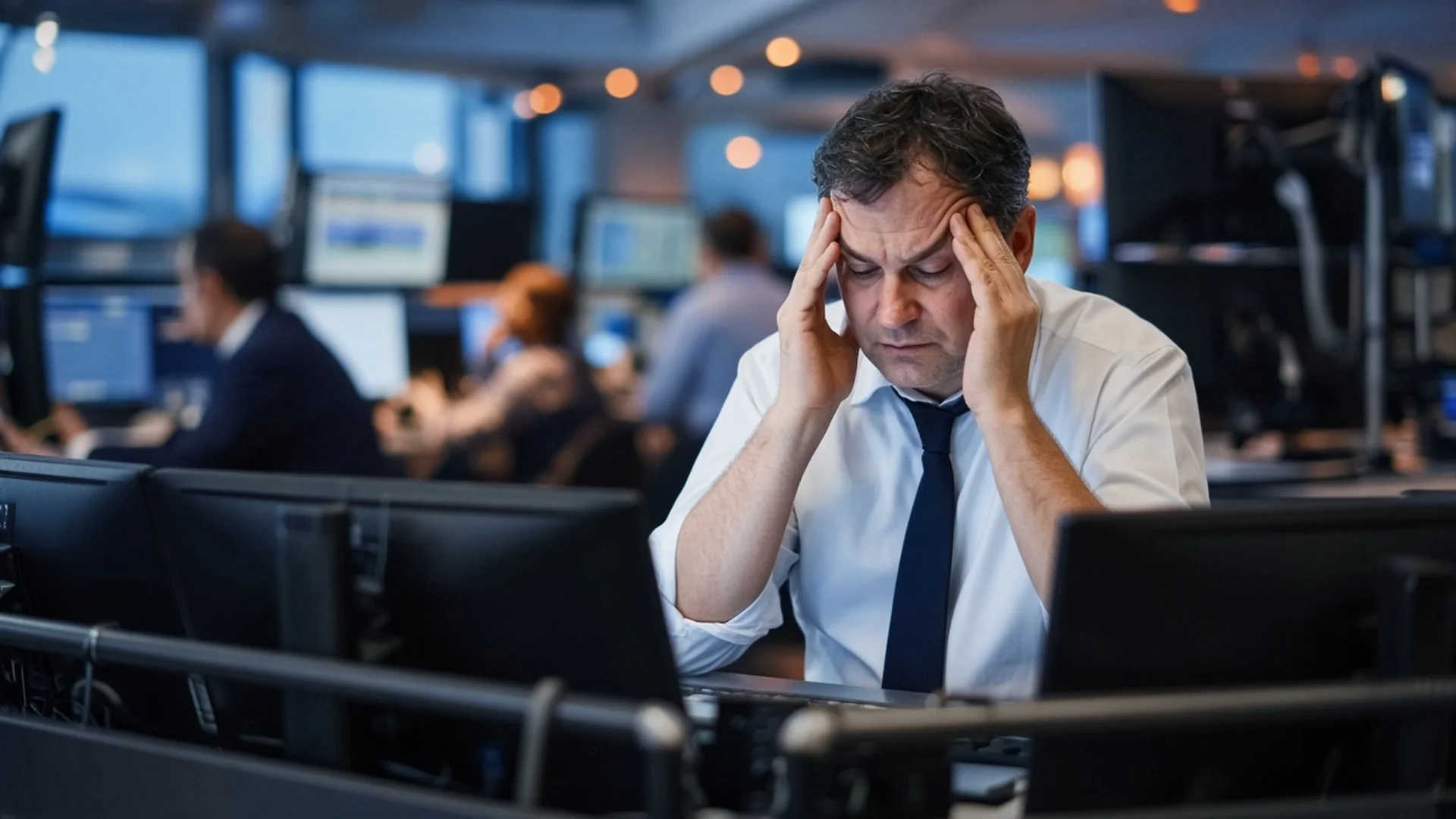 Stressed trader rubbing his temples on a trading floor