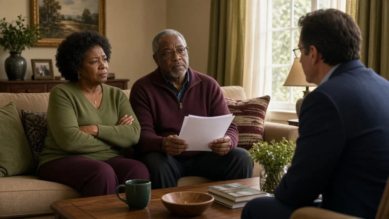 Skeptical older couple meeting an insurance agent in their living room