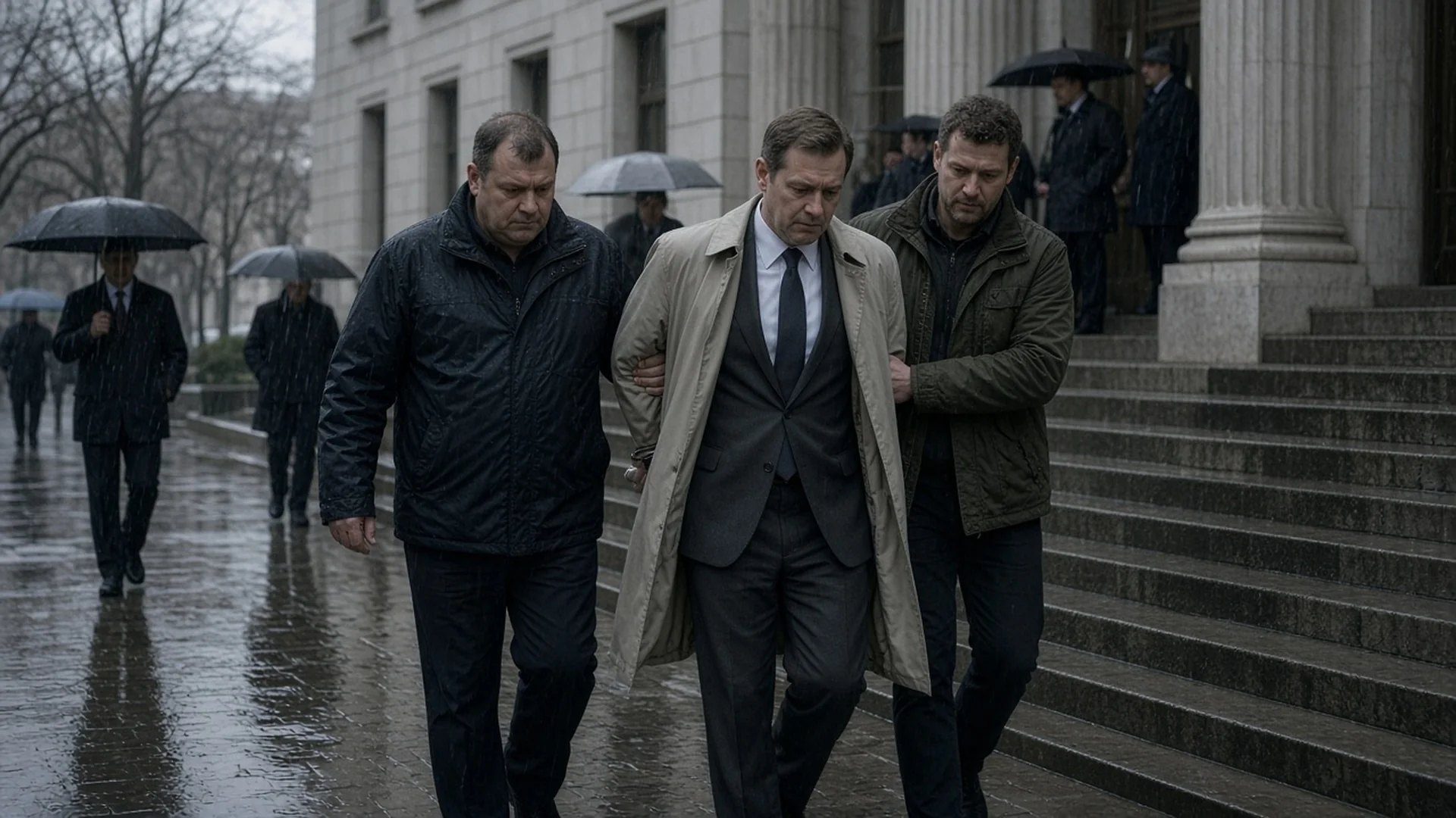 Man in a suit escorted down courthouse steps in the rain