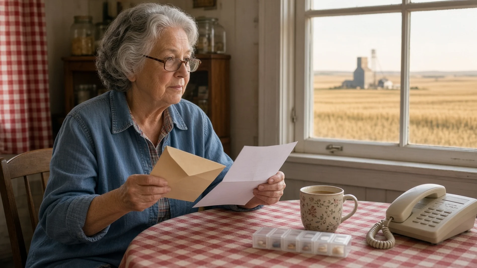 Older woman at a farmhouse kitchen table reading a letter, with prairie fields and a grain elevator outside the window