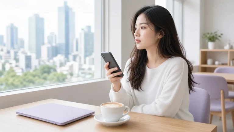 Young woman holding a phone at a cafe window overlooking a city