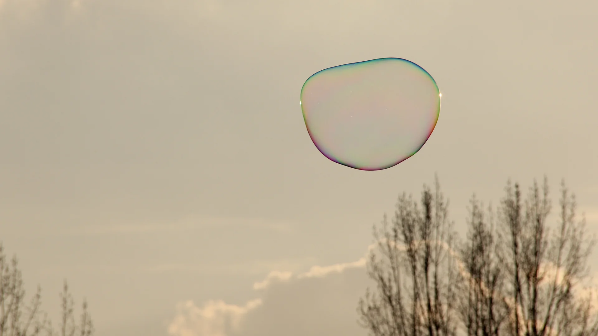 Sunlight on a soap bubble floating against a pale sky