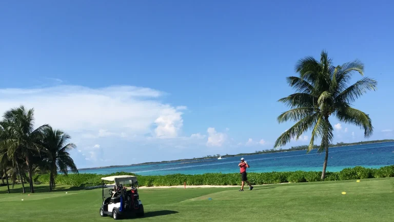Golf course fairway lined with palm trees beside the sea in the Bahamas