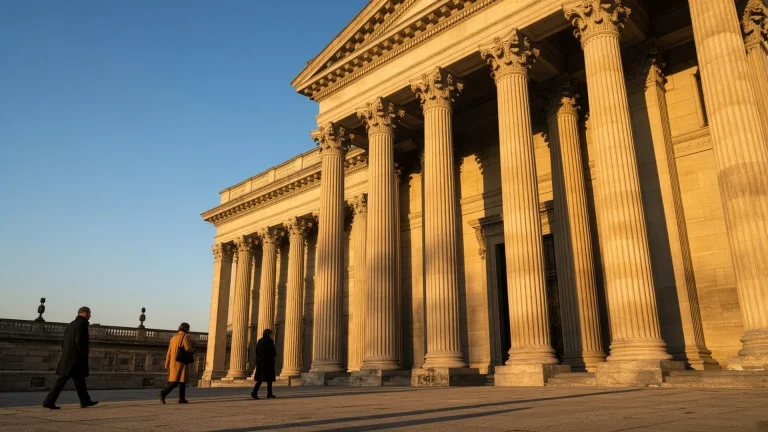 Columned bank building at golden hour with pedestrians passing