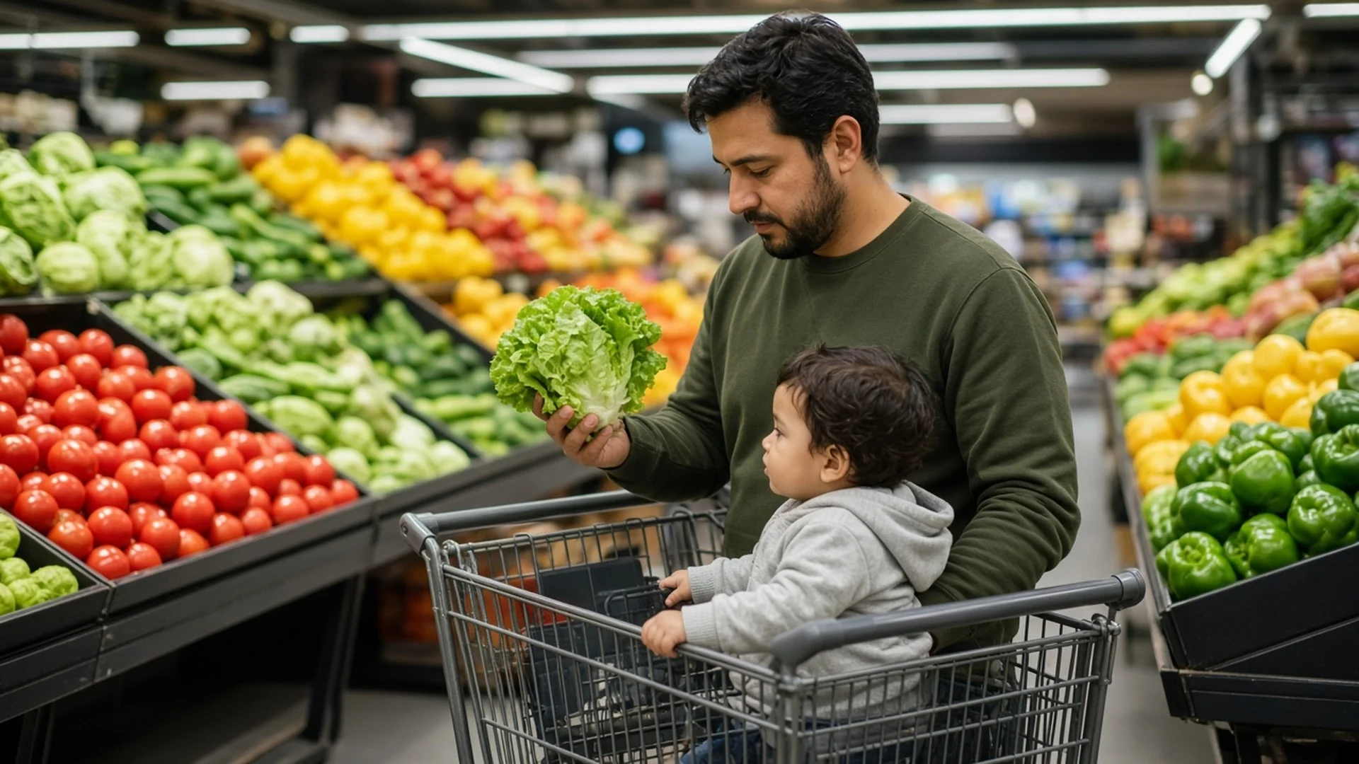 Father with toddler in a shopping cart weighing produce at a supermarket