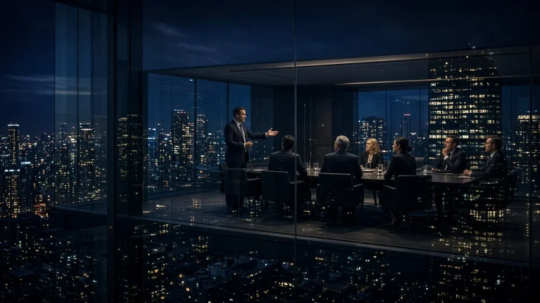 Executives meeting in a skyscraper boardroom at night