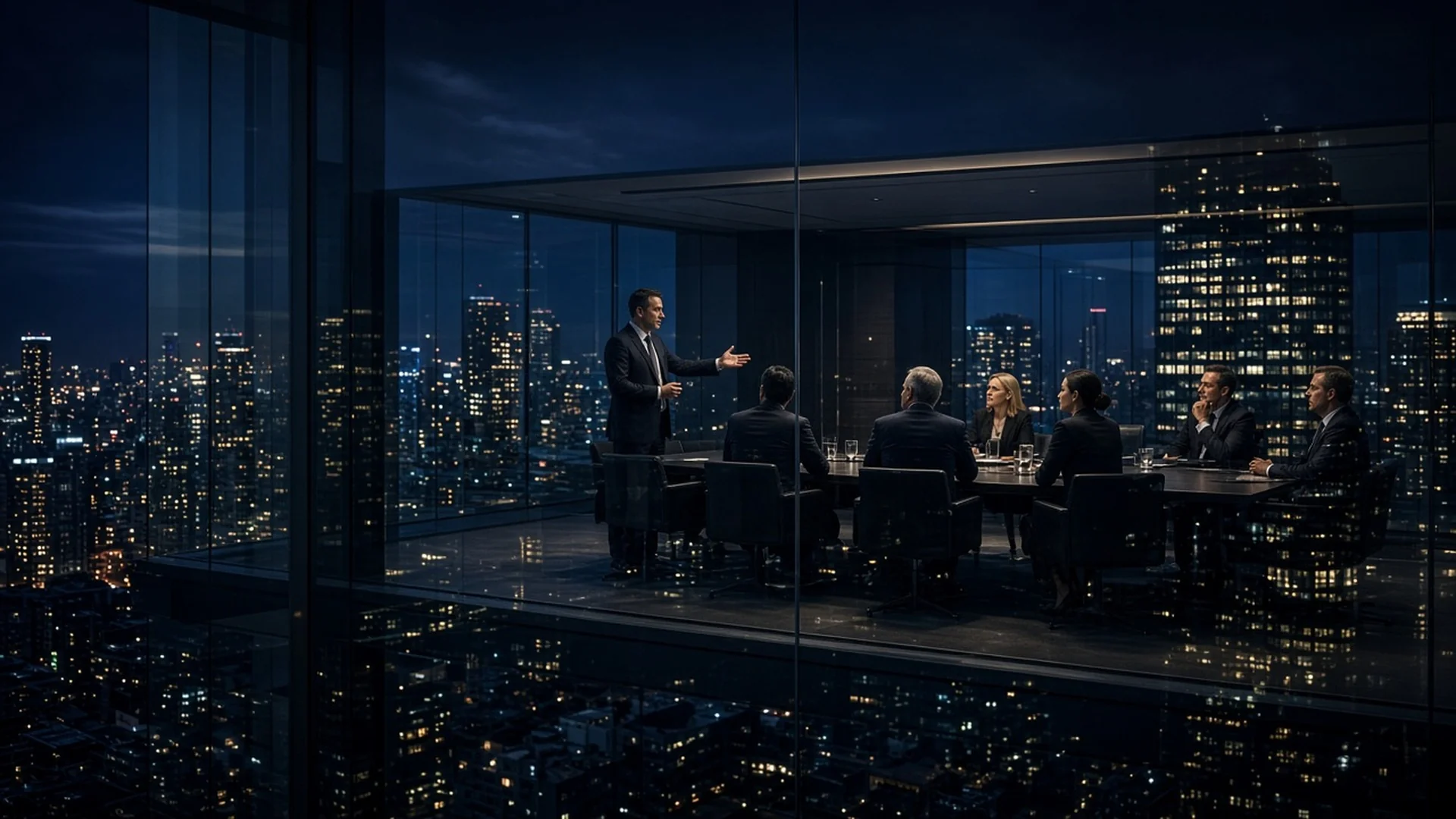 Executives meeting in a skyscraper boardroom at night
