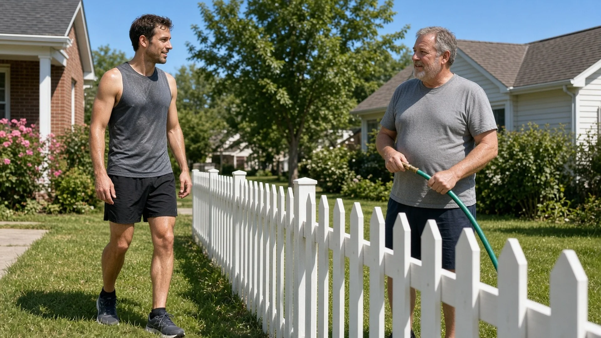 Two neighbors chatting over a picket fence on a sunny morning