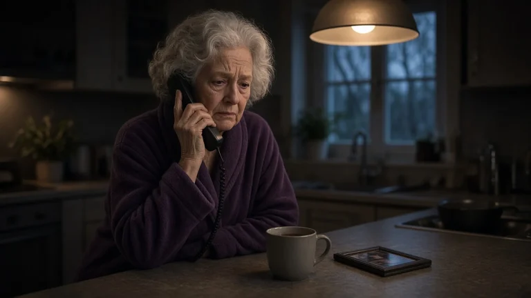 Worried widow on hold on a landline phone in her kitchen at night