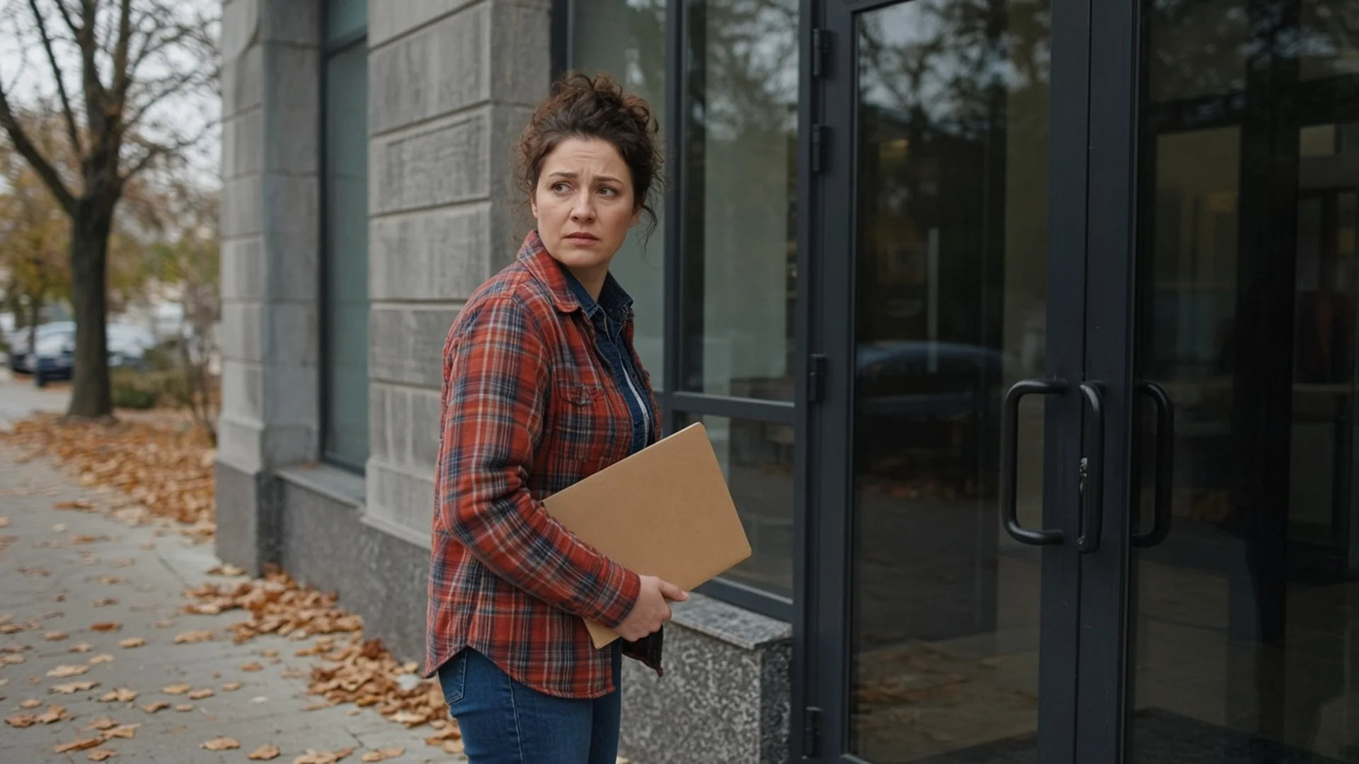 Small business owner holding a folder outside a bank door
