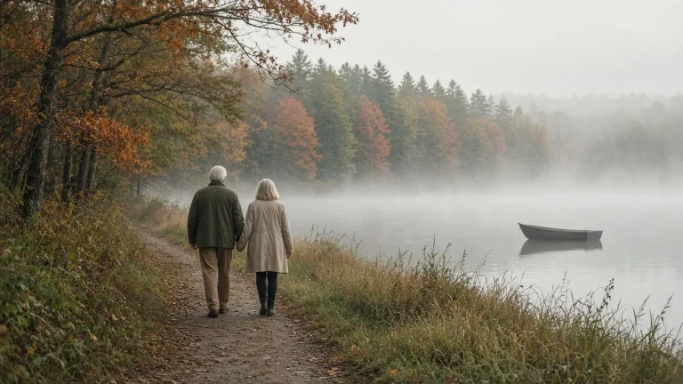 Older couple walking a misty lakeside path in autumn