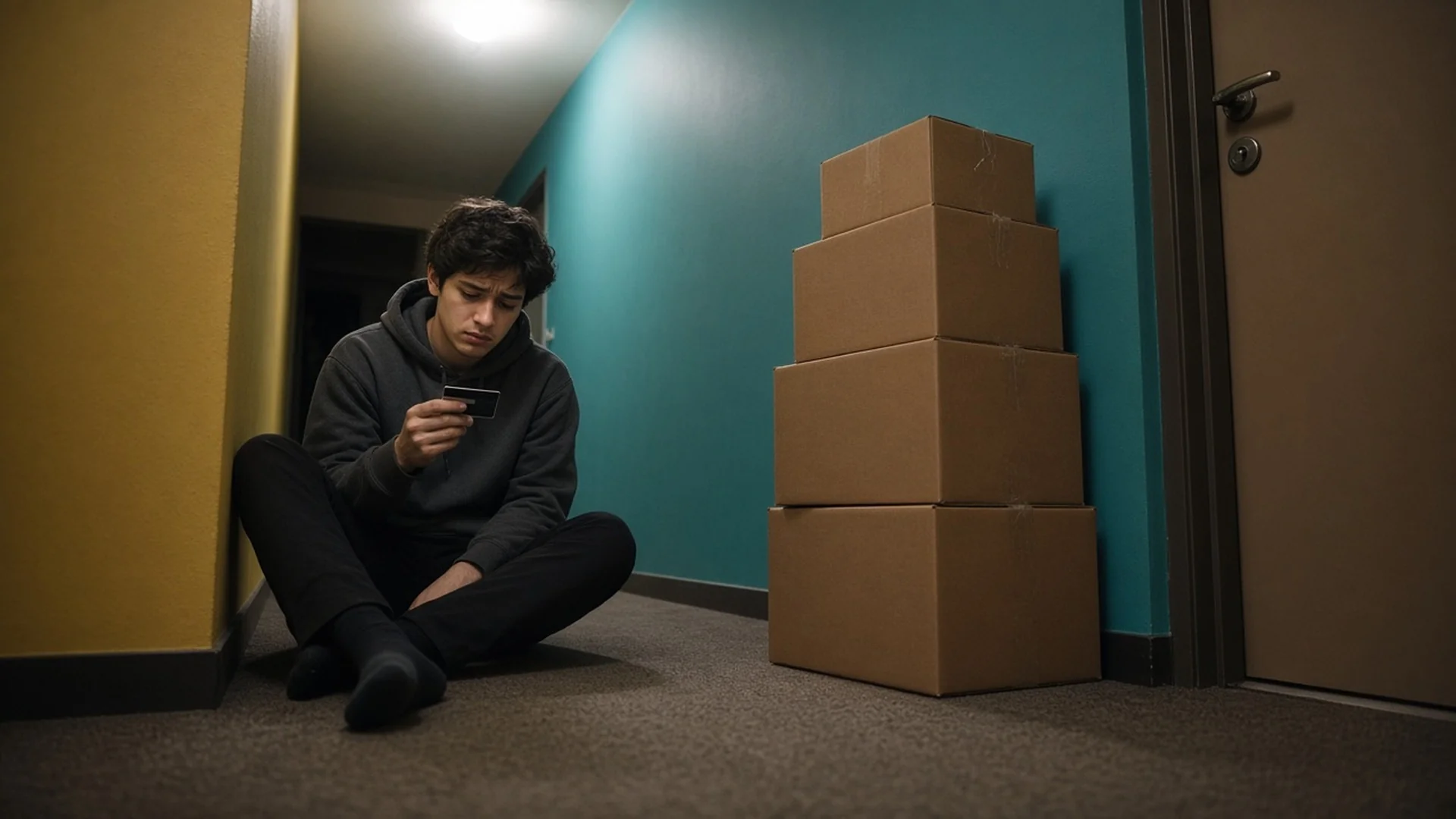 Young man in a hallway beside delivery boxes looking at a credit card